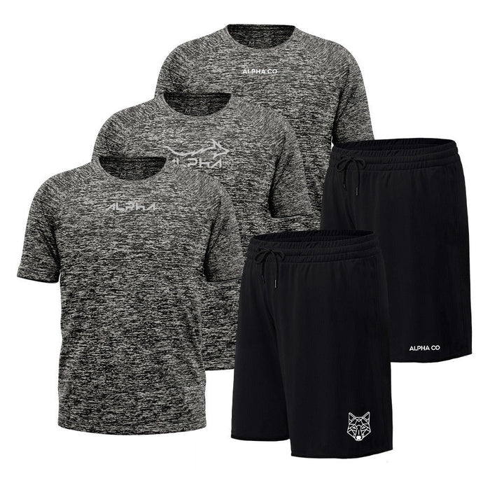 KIT DRY FIT: 3 CAMISETAS MESCLA CINZA + 2 SHORTS PRETOS