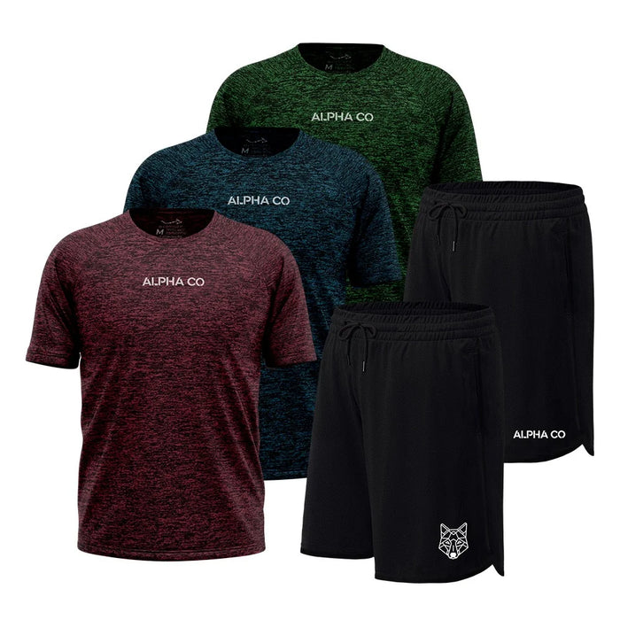 KIT PERFORMANCE: 3 CAMISETAS DRY FIT + 2 BERMUDAS ESPORTIVAS